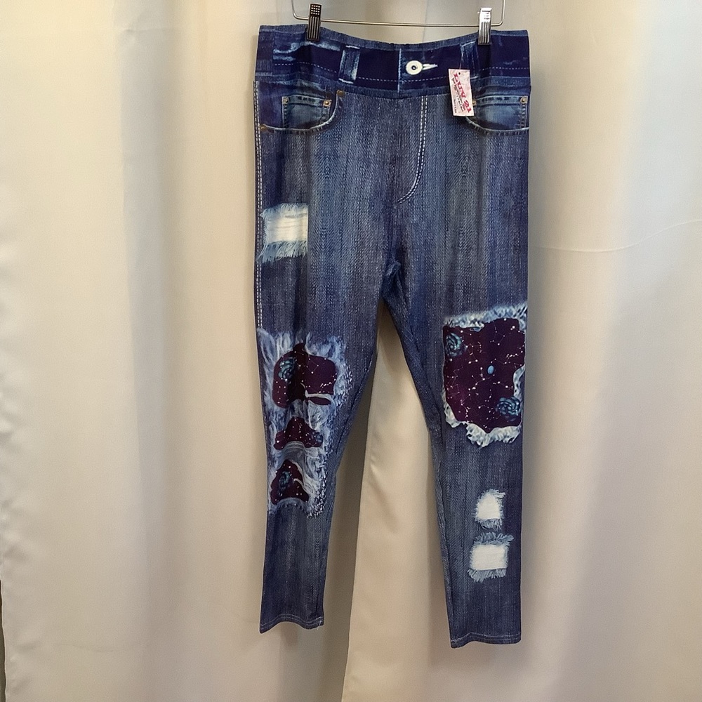 Luv21 Jeggings Women’s 12-20 Yoga Waistband Cosmic Distressed Denim Pattern